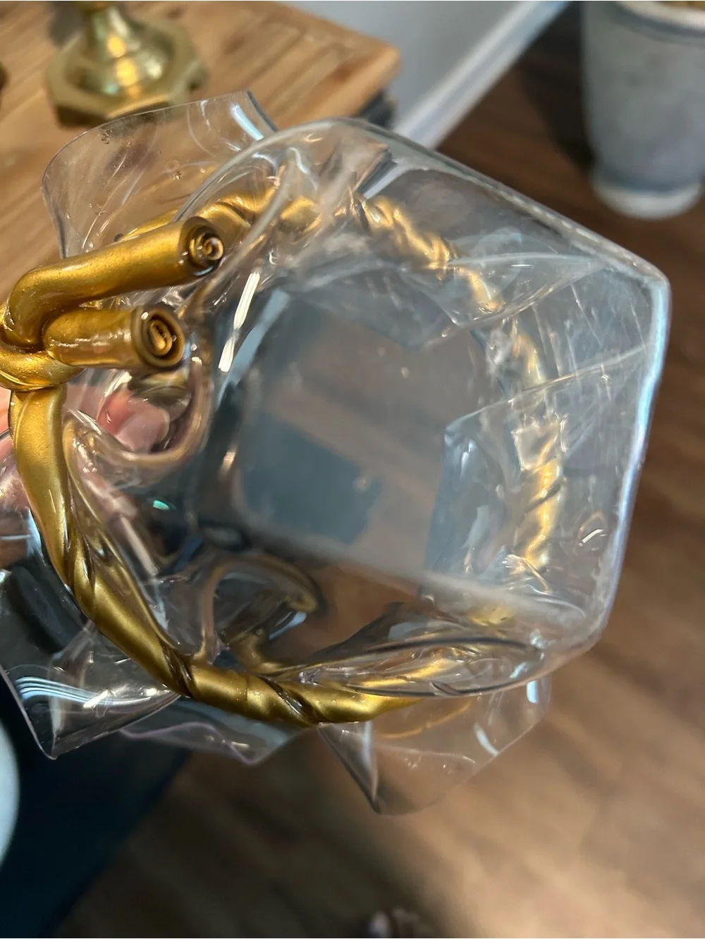 1970s Clear Lucite Handkerchief Vase With Gold Gilt Rope